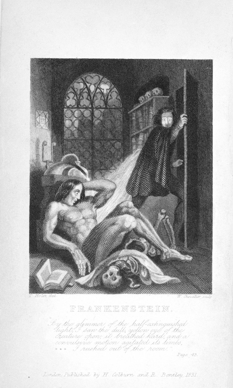 Frankenstein.«Ved glimtet af det halvt slukkede lys så jeg væsnets matte gule øje åbne: det åndede hårdt, og en krampagtig bevægelse agiterede dens lemmer. Jeg skyndte mig ud af lokalet«. af Unknown artist
