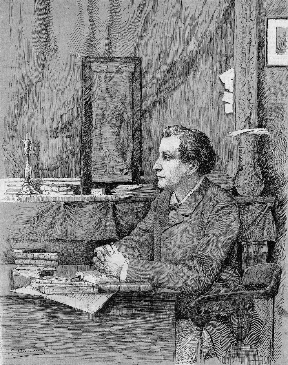 François Coppée (1842-1908), fransk digter og dramatiker. Tegning af M.F. Desmoulins.1885. af Unknown artist