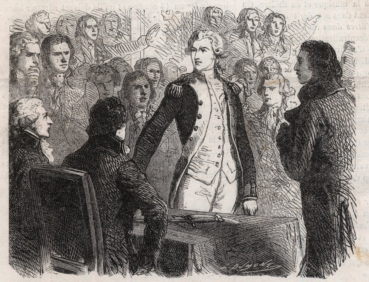 Den franske revolution: General Gilbert du Motier de La Fayette (1757-1834) fratræder kommandoen for nationalgarden - gravering i "" Le Monde Illustré"" af Unknown artist