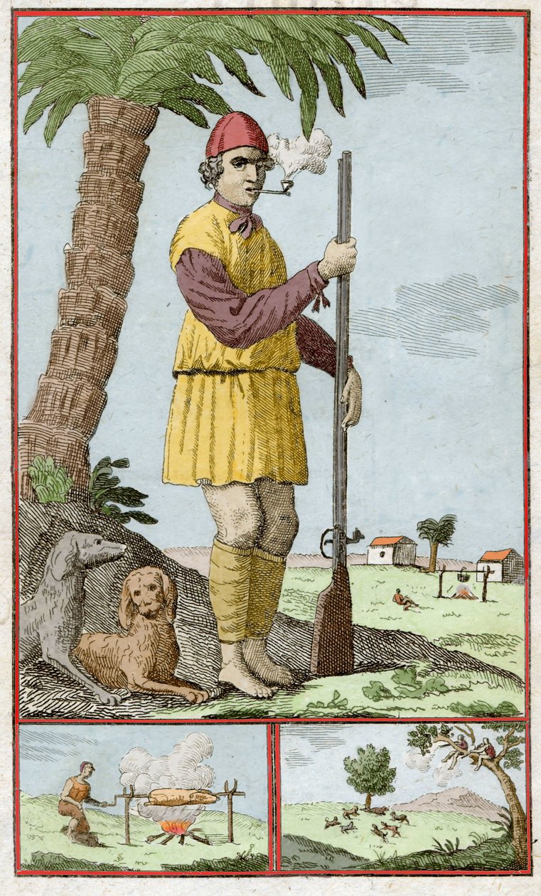 Fransk buccane fra Santo Domingo (Haiti). Indgravering i "Historie om eventyrere Filibusters and Buccaneers Reported in the Indies"" af Alexandre Olivier Exquemelin (1645-1710). af Unknown artist