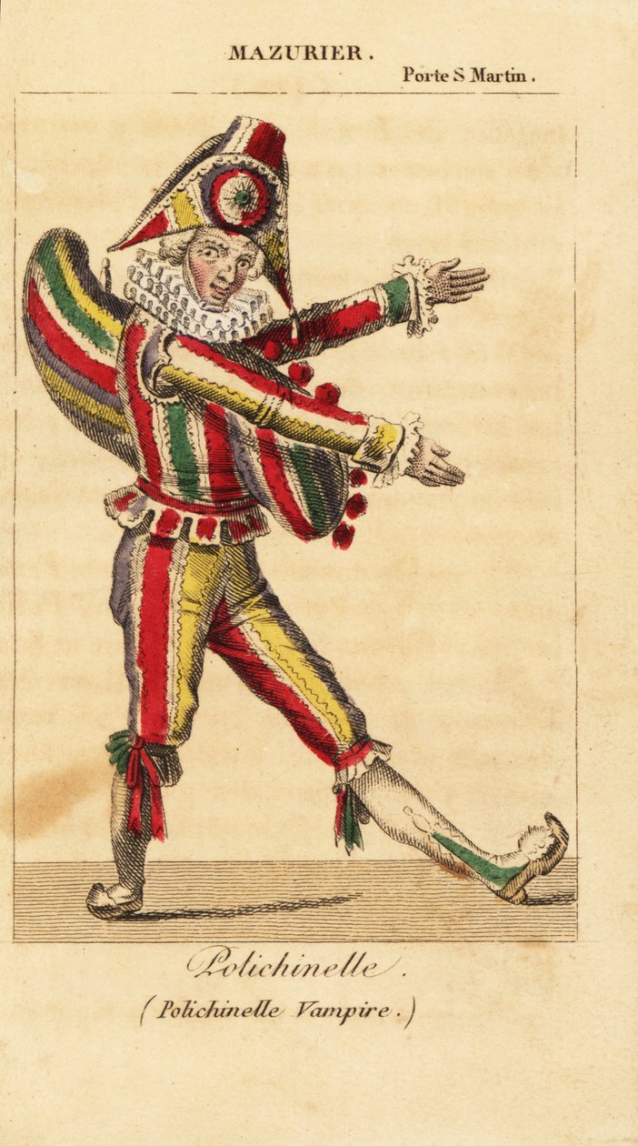Den franske tegneseriedanser og mimekunstner Charles-Francois Mazurier som Polichinello i Polichinelle Vampire af Theodore de Banville i Theatre de la Porte Saint-Martin af Unknown artist