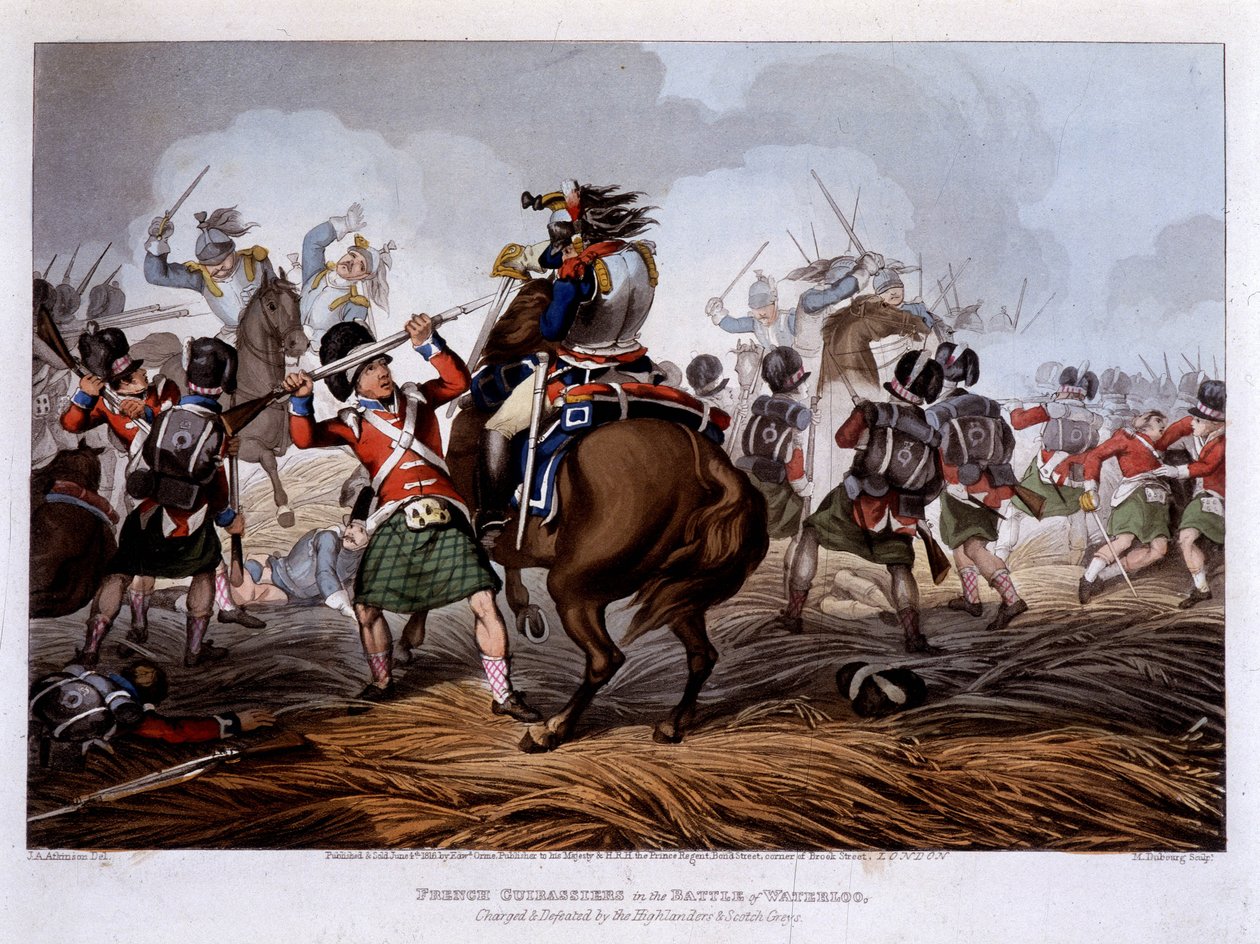 Franske curassier ved Waterloo - i "" Historiske, militære og flådeanekdoter og hændelser, der ankom til Storbritanniens og deres allieredes våben og endte i Waterloo"" - af Edward Orme, ill. af Fry, London af Unknown artist