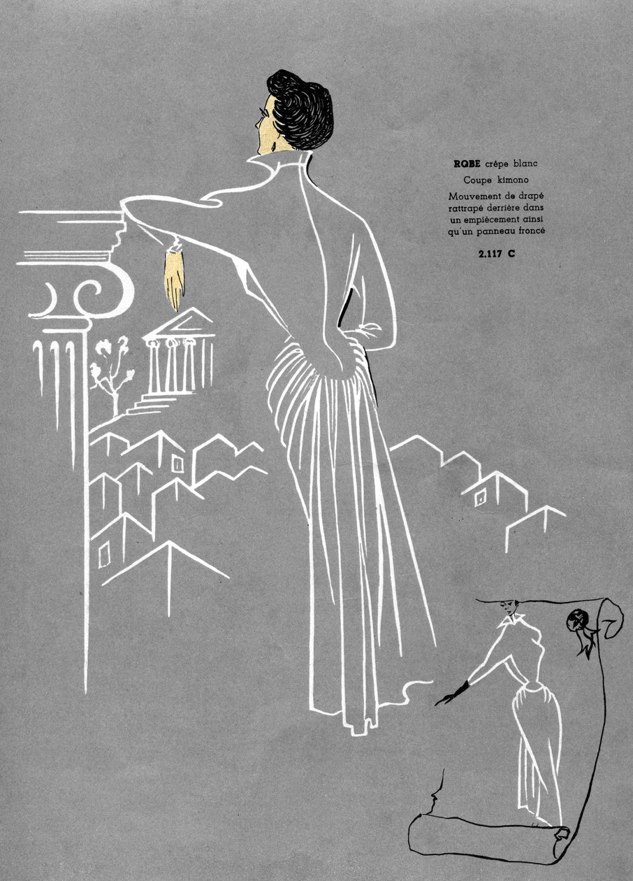 Fransk mode, hvidt crepe-kjoledesign. af Unknown artist