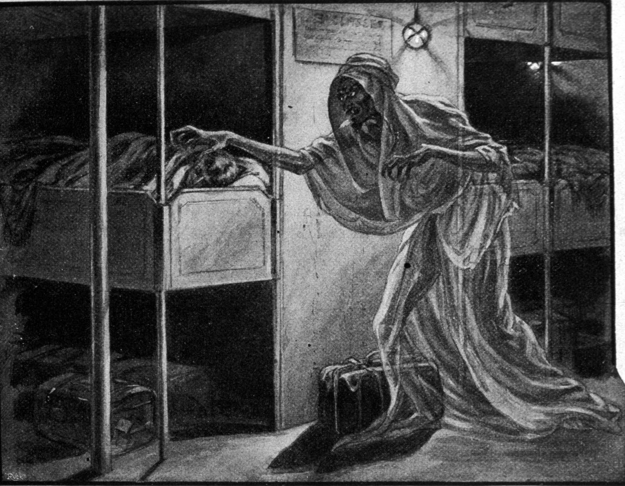 Fransk propaganda mod den spanske influenzaepidemi har sit udgangspunkt: Sygdommen er repræsenteret allegorisk som en bekymrende figur, der nærmer sig en person, der sover i sovesalen på et migrantskib. af Unknown artist