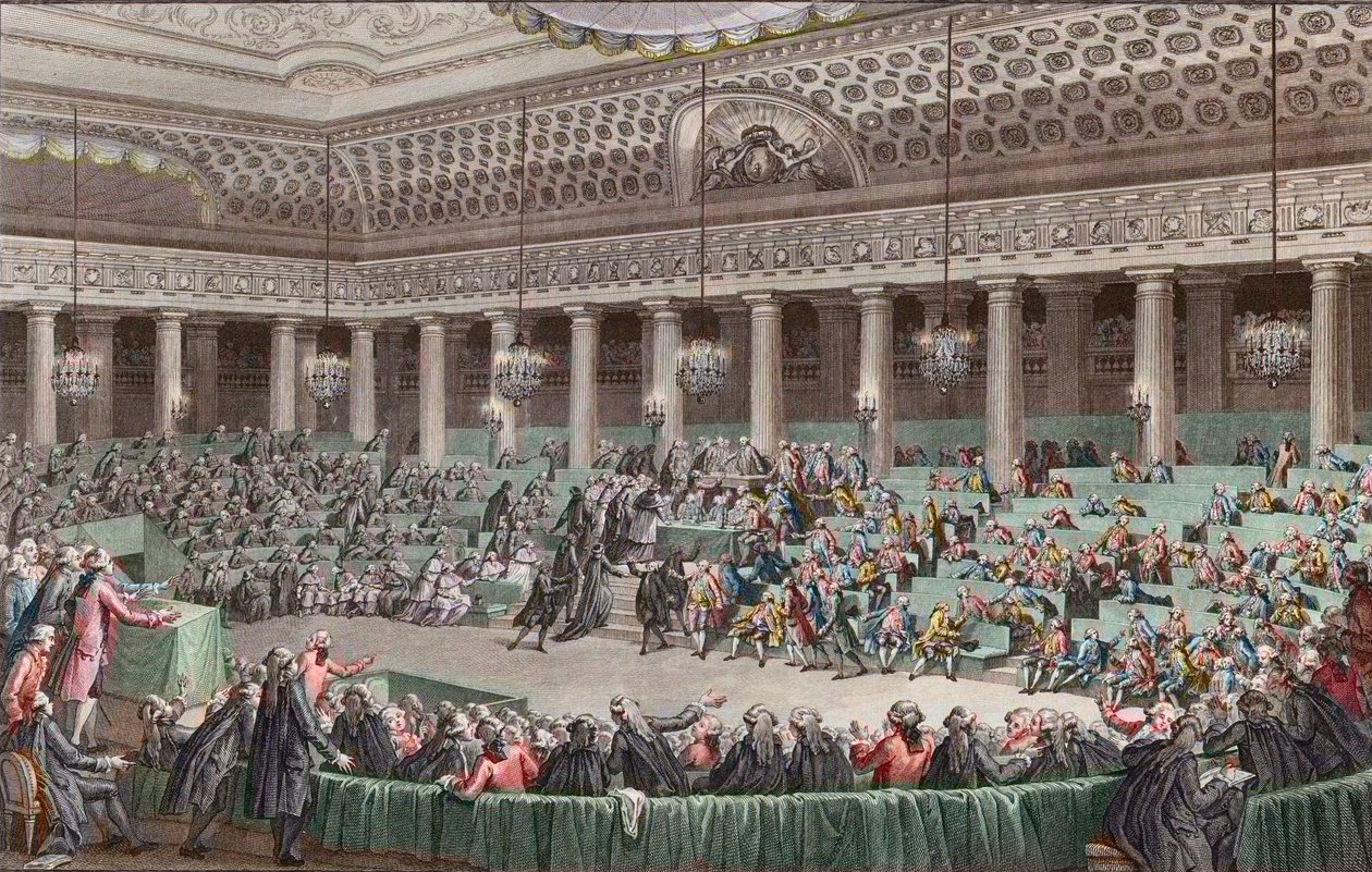 Fransk revolution - Nationalforsamlingen giver afkald på alle privilegier, 4. august 1789, indgraveret af Helman - Assemblee - Nationale Abandonment de tous - les privileges, a Versailles, Seance de la - Nuit du 4 au 5 april 1789 af Unknown artist