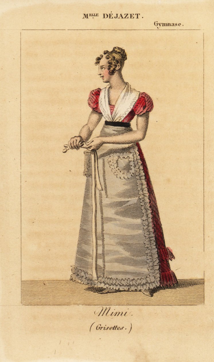 Den franske sopran Mlle Virginie Dejazet som Mimi i enakters vaudeville Grisettes af Scribe og Dupin på Gymnase-Dramatique af Unknown artist