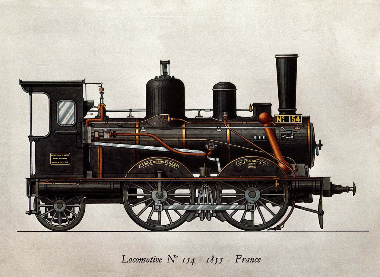 Fransk tog: Lokomotiv Numero 154 af 1855. Indgravering. Paris, dekorativ kunst af Unknown artist