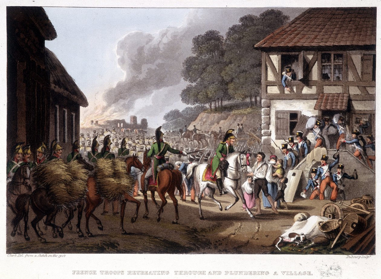 Franske tropper på tilbagetog og plyndrer en landsby - i "" historiske, militære og flådeanekdoter..." af Edward Orne af Unknown artist