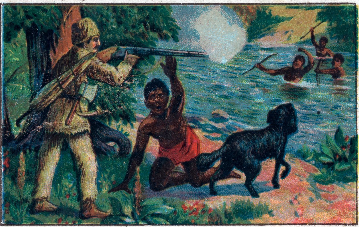 Fredagens udlevering. Illustration til Daniel Defoes Bog (De foe) "" Robinson Crusoe"". Kromolitografi i slutningen af det 19. århundrede. af Unknown artist
