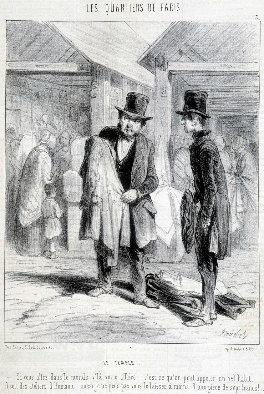 Fripier fra tempeldistriktet i Paris forsøger at sælge tøj til en mand. Indgravering af det 19. århundrede. af Unknown artist