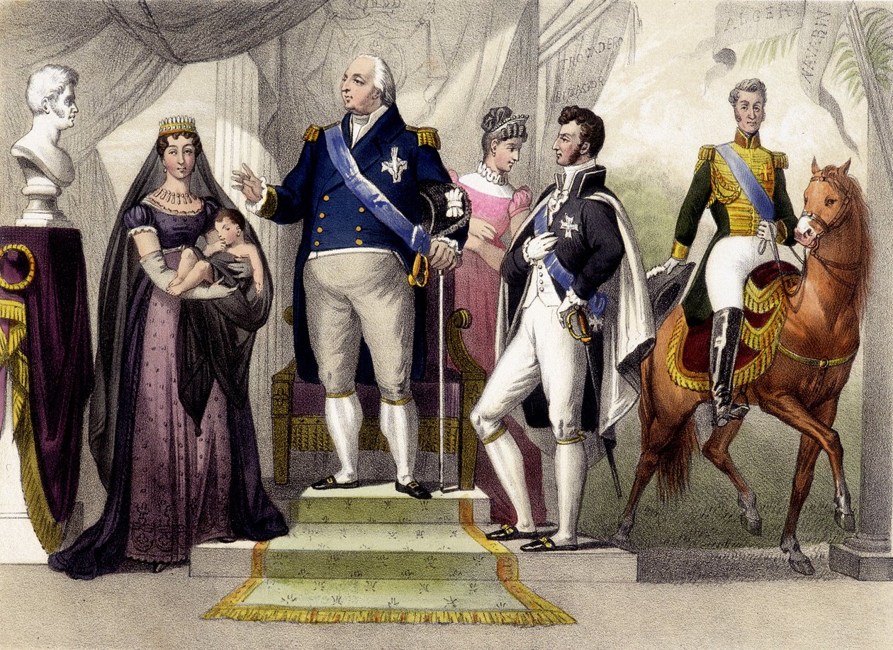 Fra 1814 til 1830. Hertugen og hertuginden af Berry, Louis XVIII, hertugen af Bordeaux, hertuginden af Angoulème og Charles X. Indgravering af det 19. århundrede. af Unknown artist