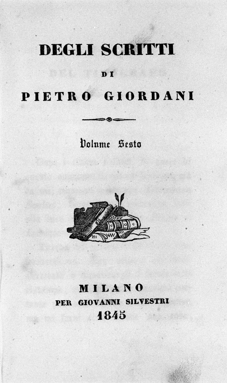 Frontispice af "" Af skrifterne "" (Skrifter) af den italienske forfatter Pietro Giordani (1774-1848) 1845 af Unknown artist