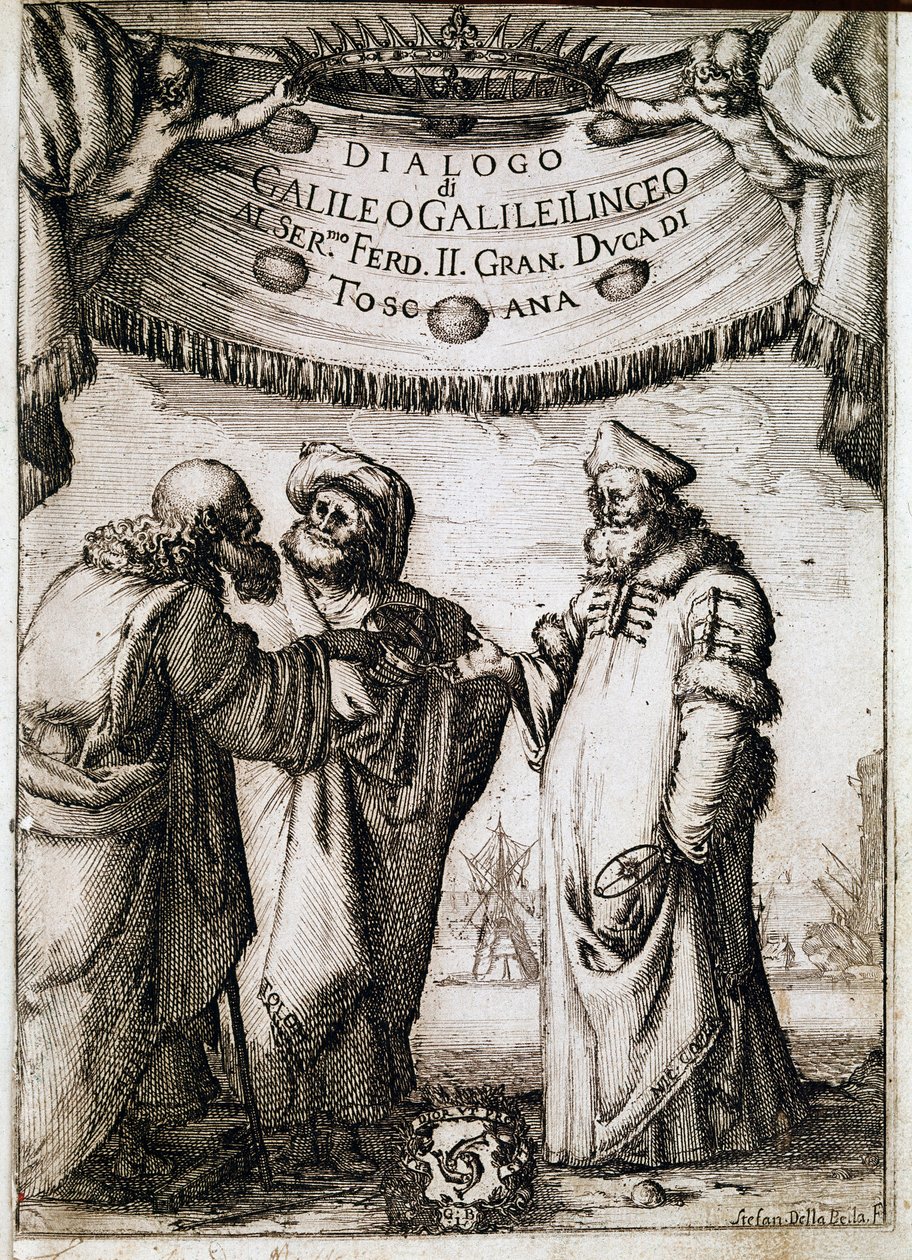 Frontispice af "" Dialog om de to store systemer i verden"" (dialogo sopra i due massimi sistemi del mondo) bestilt af pave Urban VIII til astronomen og fysikeren Galileo Galilei dit Galilee (1564-1642) omkring 1620 og udgivet i 1632 . Det af Unknown artist