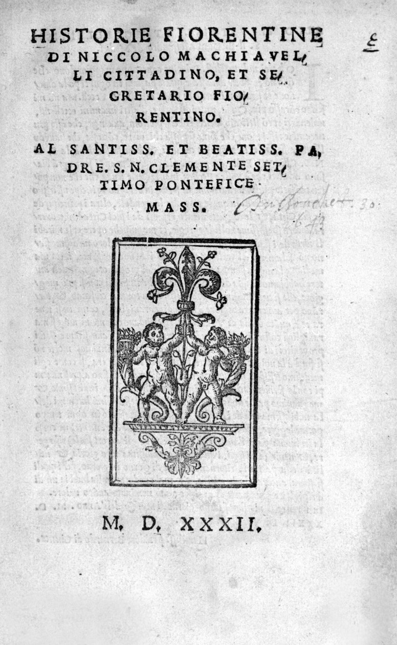 Frontispice of "" Historie Fiorentine af Niccolo (af Bernardo dei) Machiavelli (Nicolas Machiavel af Unknown artist
