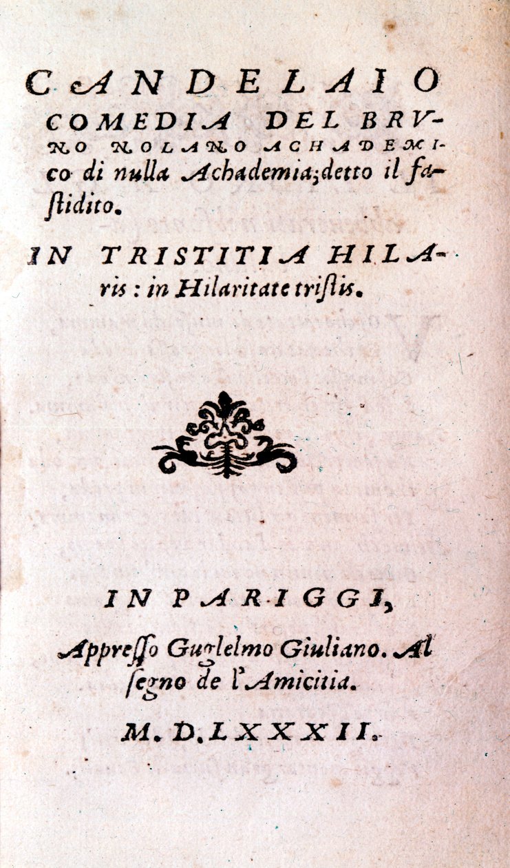 Frontispice af "" Il candelaio"" (Lysestagen) af Giordano Bruno (1546-1600), italiensk filosof og teolog. 1582 af Unknown artist