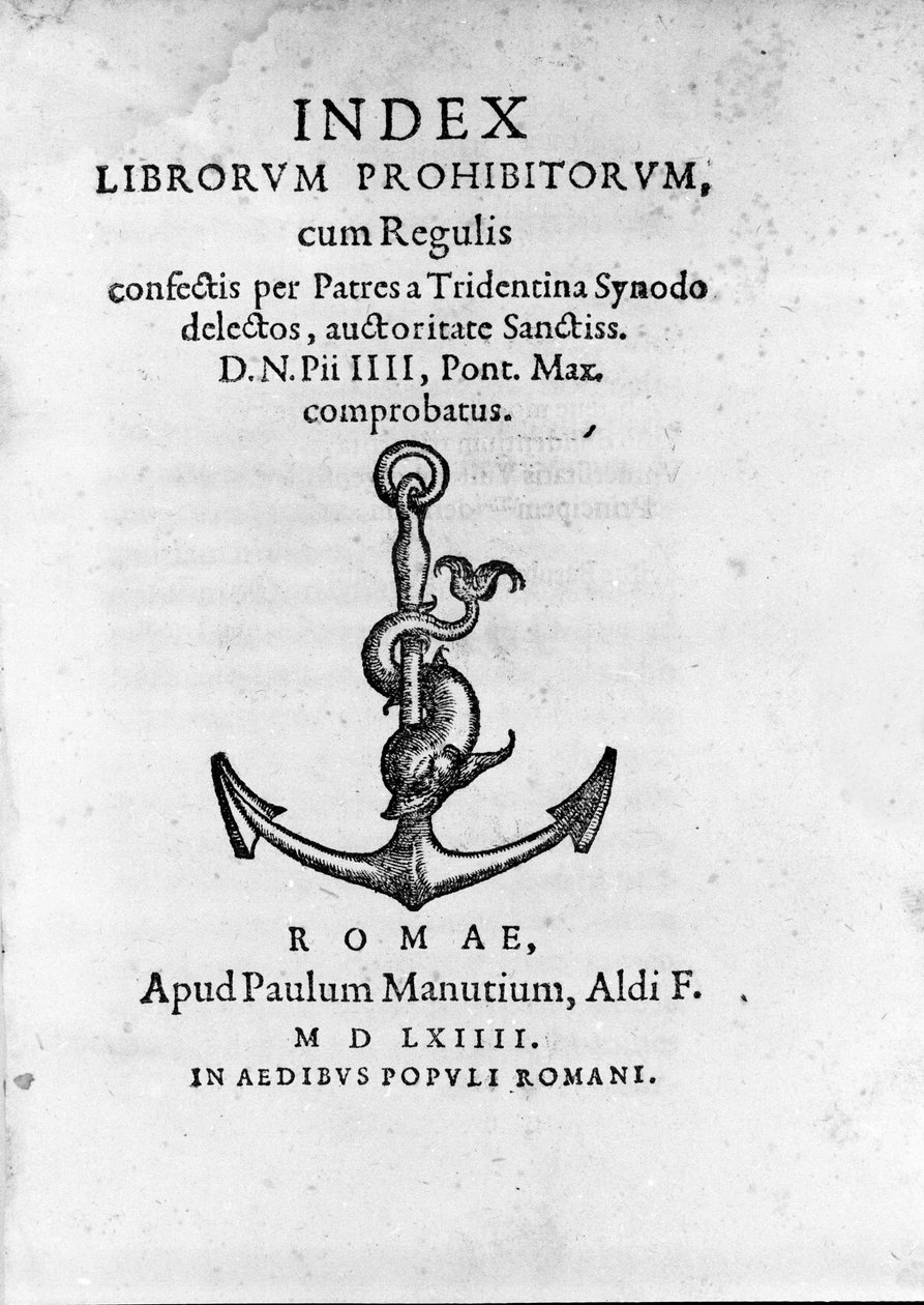 Frontispice of Index Librorum Prohibitorum (Index of Prohibited Books eller Index Exurgatorius) udgivet i Rom i 1564. Han opregner bøger, som romersk-katolikker ikke måtte læse. af Unknown artist