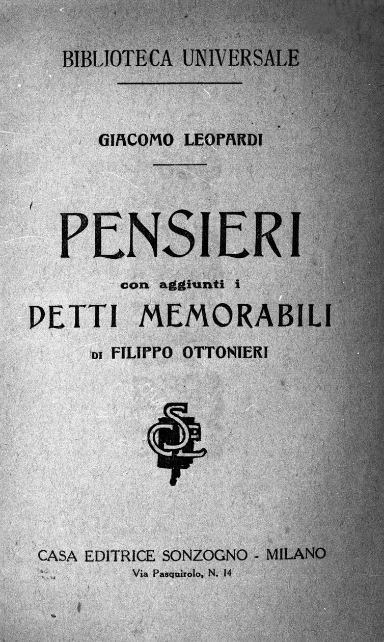 Frontispice af "" Pensieri "" (Pensees) af den italienske digter Giacomo Leopardi (1798 - 1837) 19. århundrede af Unknown artist