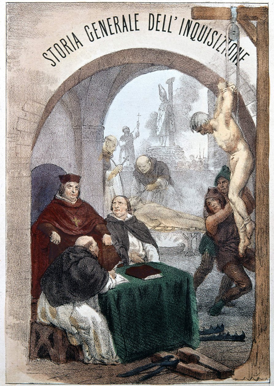 Frontispice of the General History of the Inquisition af Pietro Tamburini med en illustration, der viser scener med symbolsk inkvisition. Milano 1850. af Unknown artist