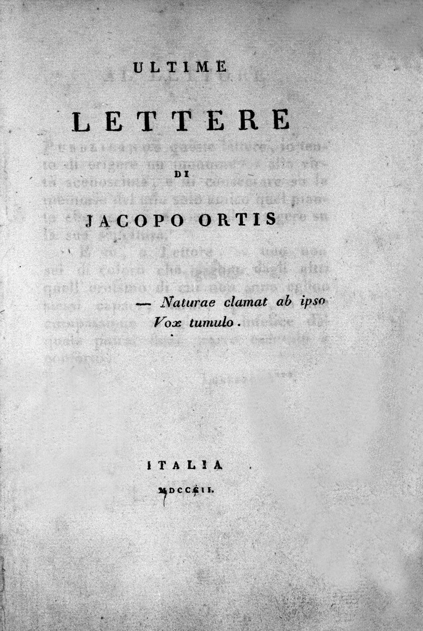 Frontispice af "The Last Letters of Jacopo Ortis"" af den italienske digter og dramatiker Ugo Foscolo (1778-1827) 1802 af Unknown artist