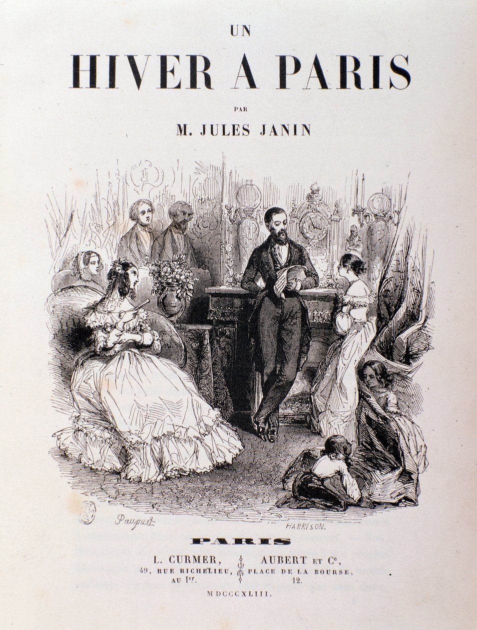 Frontispice af "" Un hiver à Paris"" af Jules Janin, parisere mødtes i en lounge under en reception. 1843 Privat samling af Unknown artist