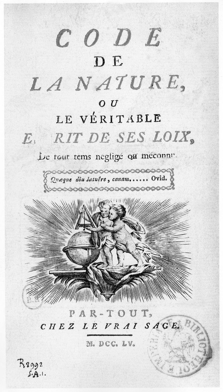 Frontispice af "Code la Nature"": engle med en globus - gravering af Unknown artist