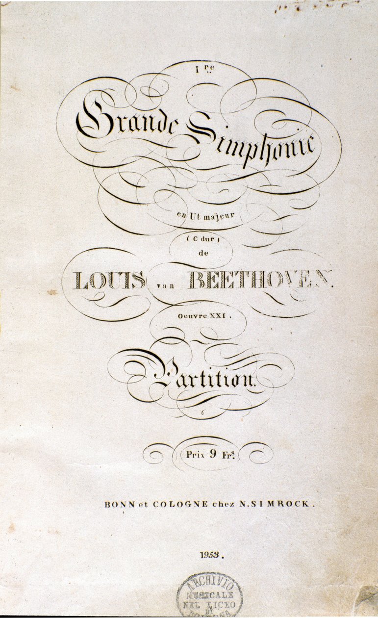 Frontispice af den første tyske udgave af partituret til Symfoni n. 1 i C-dur af den tyske komponist Ludwig van Beethoven (1770-1827) (1799-1800). Bonn af Unknown artist