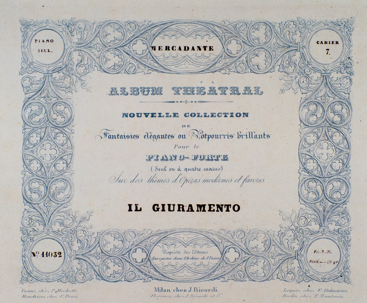 Frontispice af operaen Il Giuramento, af Mercadante (1837) af Unknown artist