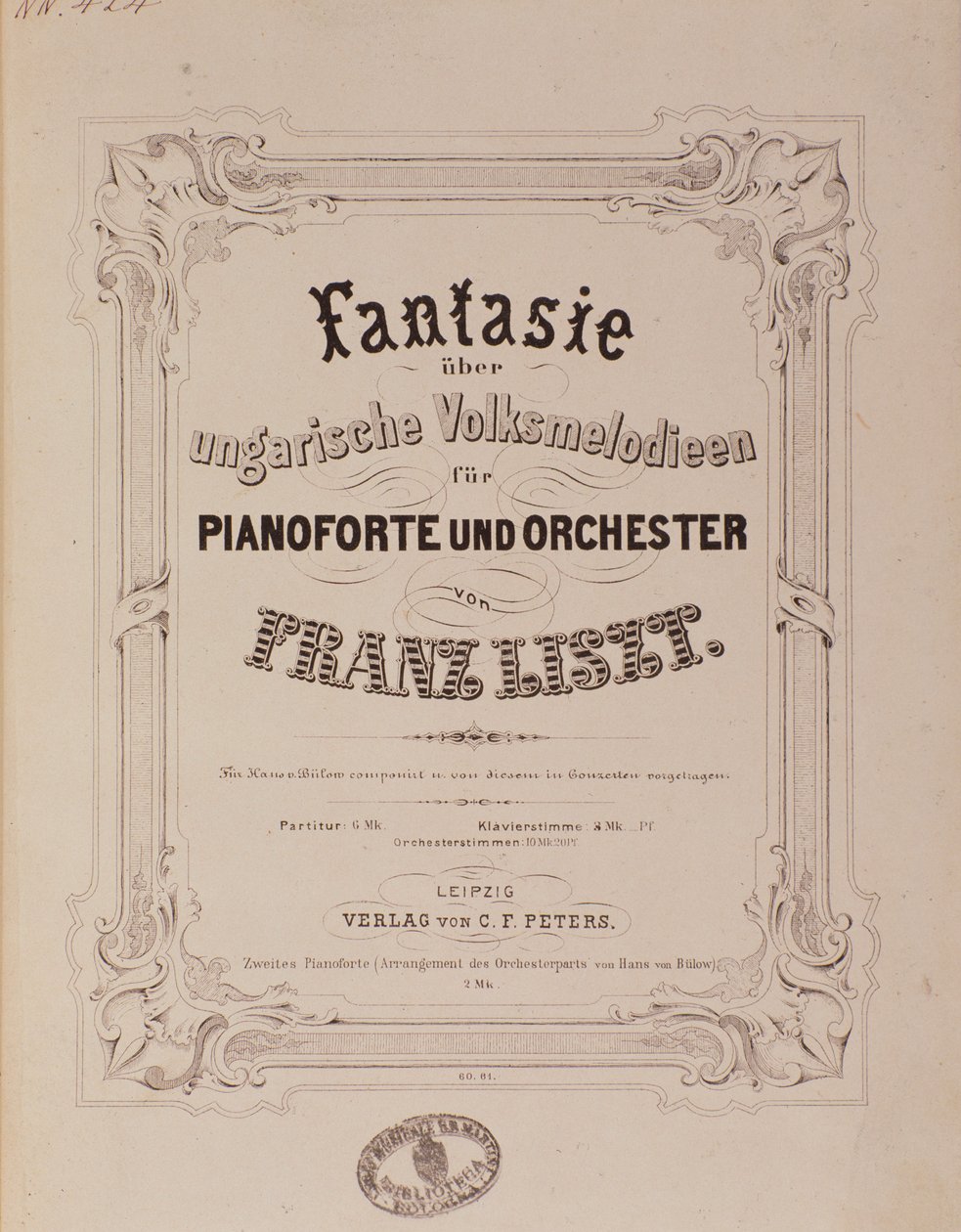 Frontispice af partituret "" Fantasy for klaver og orkester "" af Franz Liszt (1811-1886) 1800-tallets Bologna, civico museo musicale af Unknown artist