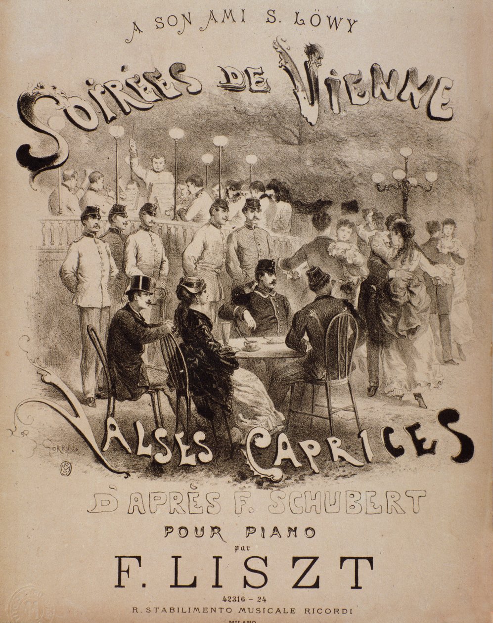 Frontispice af partituret Soirees de Vienne, Caprices Waltzes for klaver af Liszt (1800-tallet) af Unknown artist