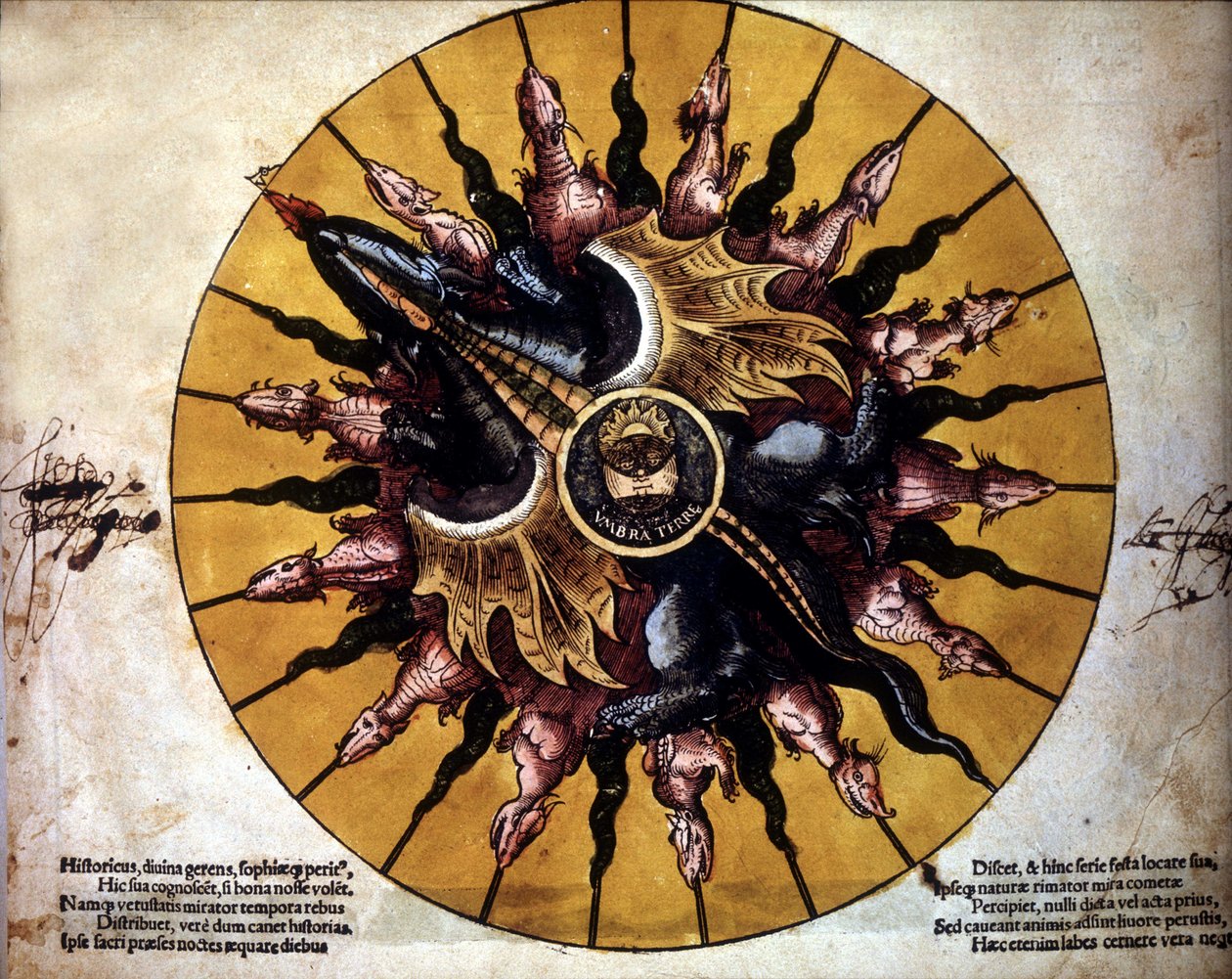 Frontispice repræsenterer en sol - i "Astronomicum Caesarium", afhandling om astronomi om teorien om Ptolemeus, af P. Apiano. af Unknown artist