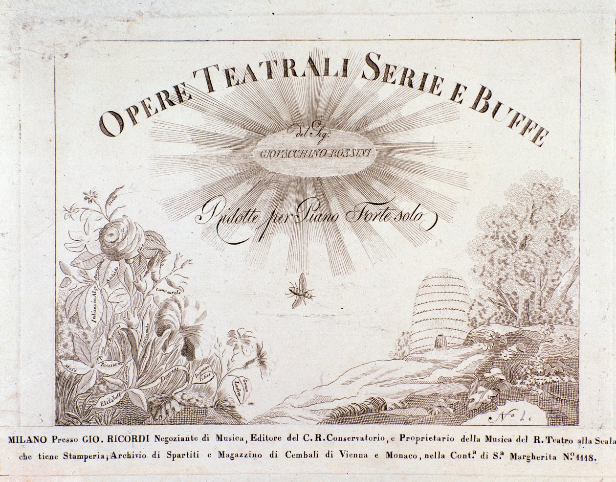 Frontispice for musikalske partiturer af serier med teaterværker og buffe af Gioacchino Rossini af Unknown artist