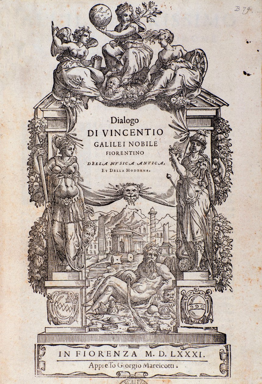 Frontispice fra Dialogue of old and moderne musik af Vincenzo Galilei af Unknown artist