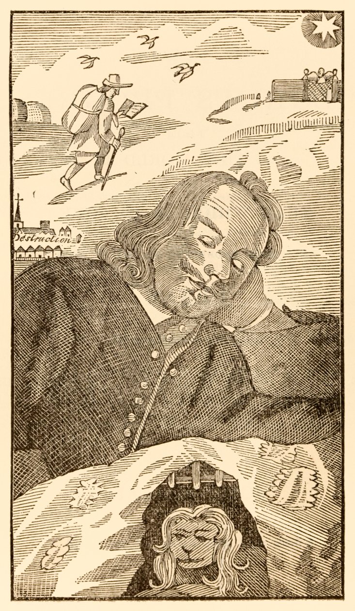 Frontispice fra The Pilgrims Progress From This World, To That What Is To Come af John Bunyan (1628-1688), der viser forfatteren, der drømmer om pilgrimmen Christian bebyrdet med viden om sin synd af Unknown