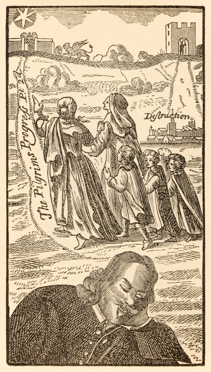 Frontispice fra anden del af The Pilgrims Progress From This World, To That What Is To Come af John Bunyan (1628-1688), der viser forfatteren drømme om Christians familie, hans kone Christiana og af Unknown