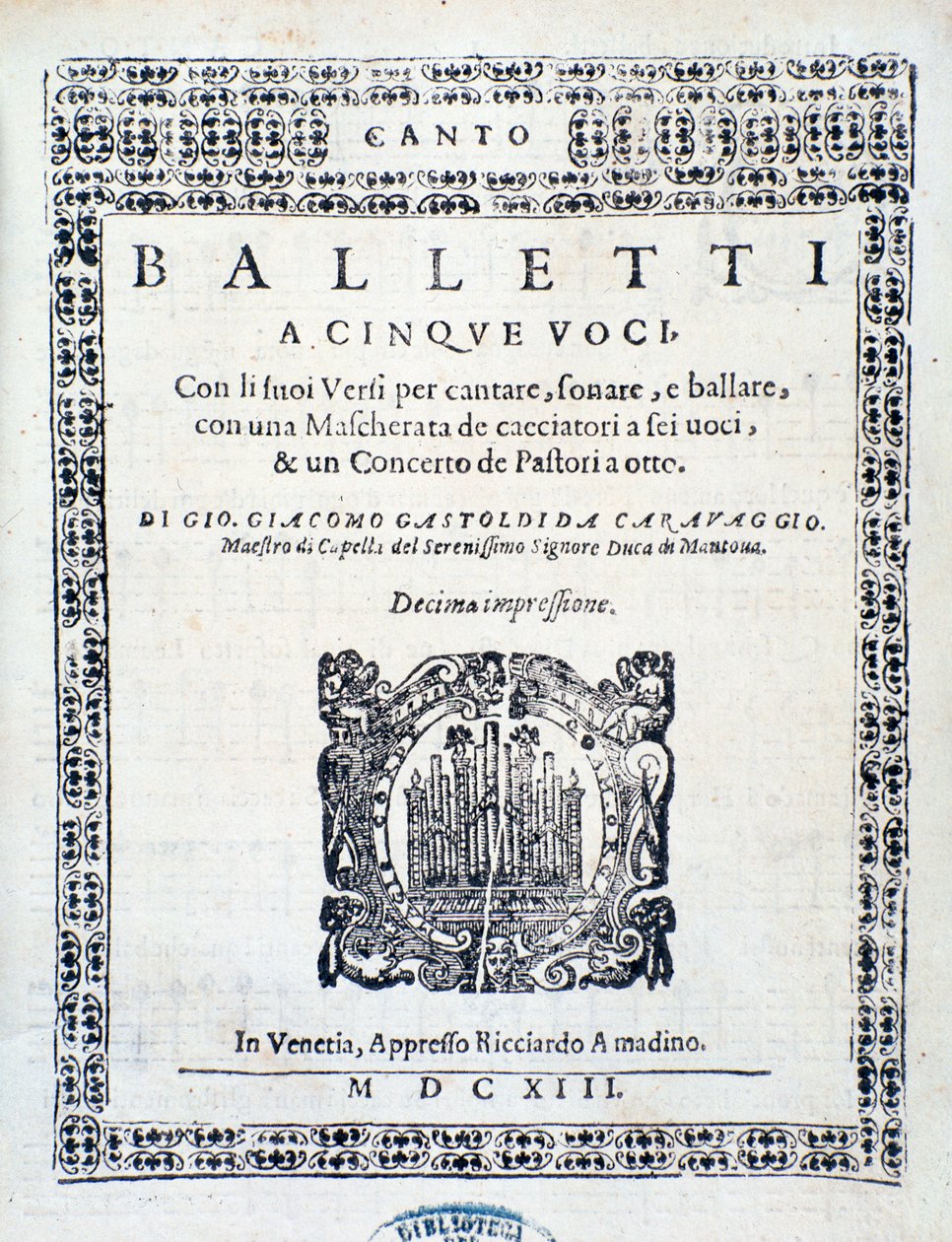 Frontispice af Balletti for fem stemmer af Giovanni Giacomo Gastoldi af Unknown artist