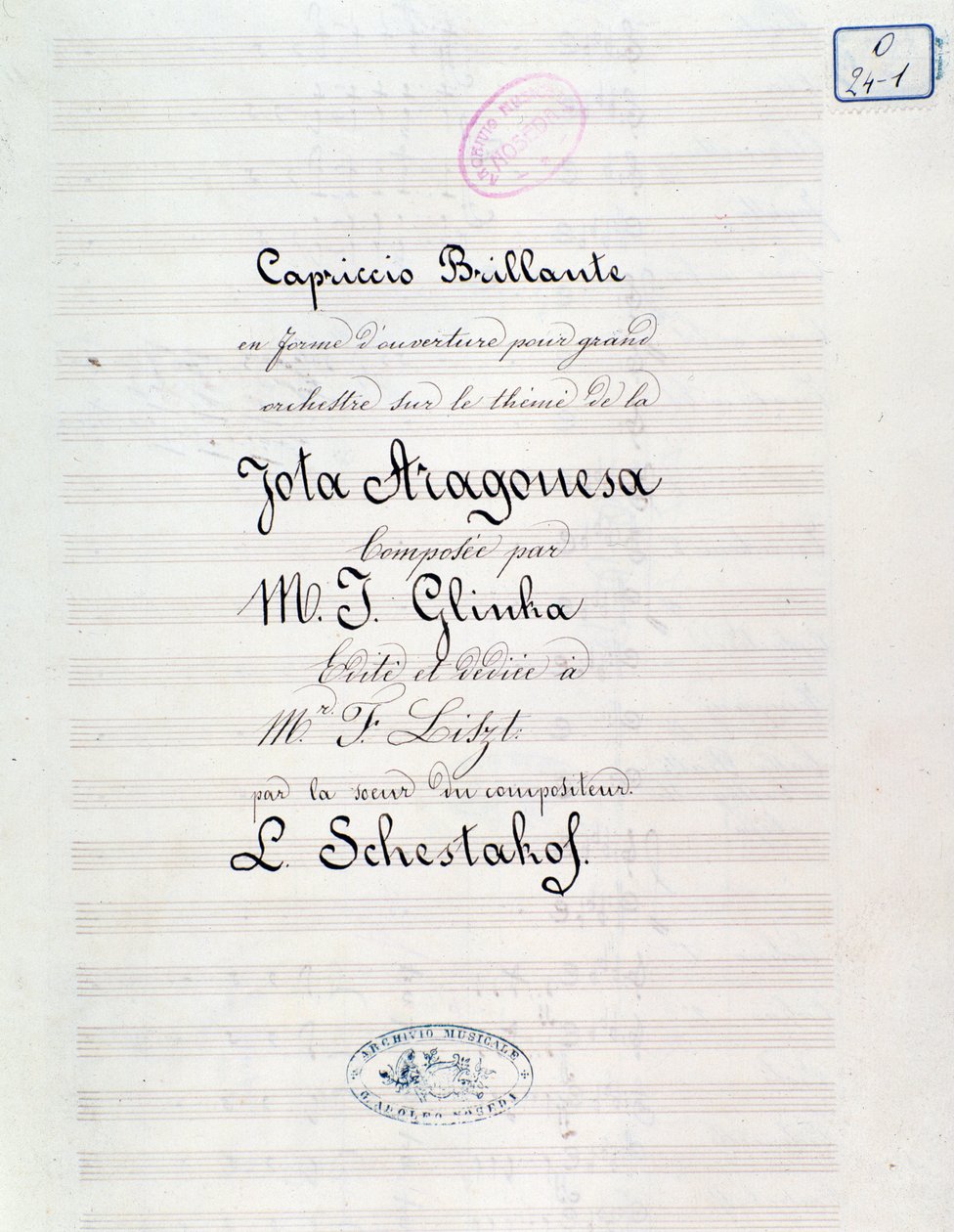 Frontispice af Capriccio brilliant med temaet Jota Aragonese (spansk ouverture nr. 1) af Mikhail Glinka af Unknown artist
