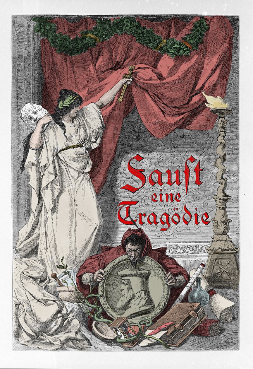 Frontispice af "" Faust"" af Johann Wolfgang von Goethe (1749-1832) (Frontispice af tysk udgave af "" faust"" af Goethe) Gravering af Unknown artist