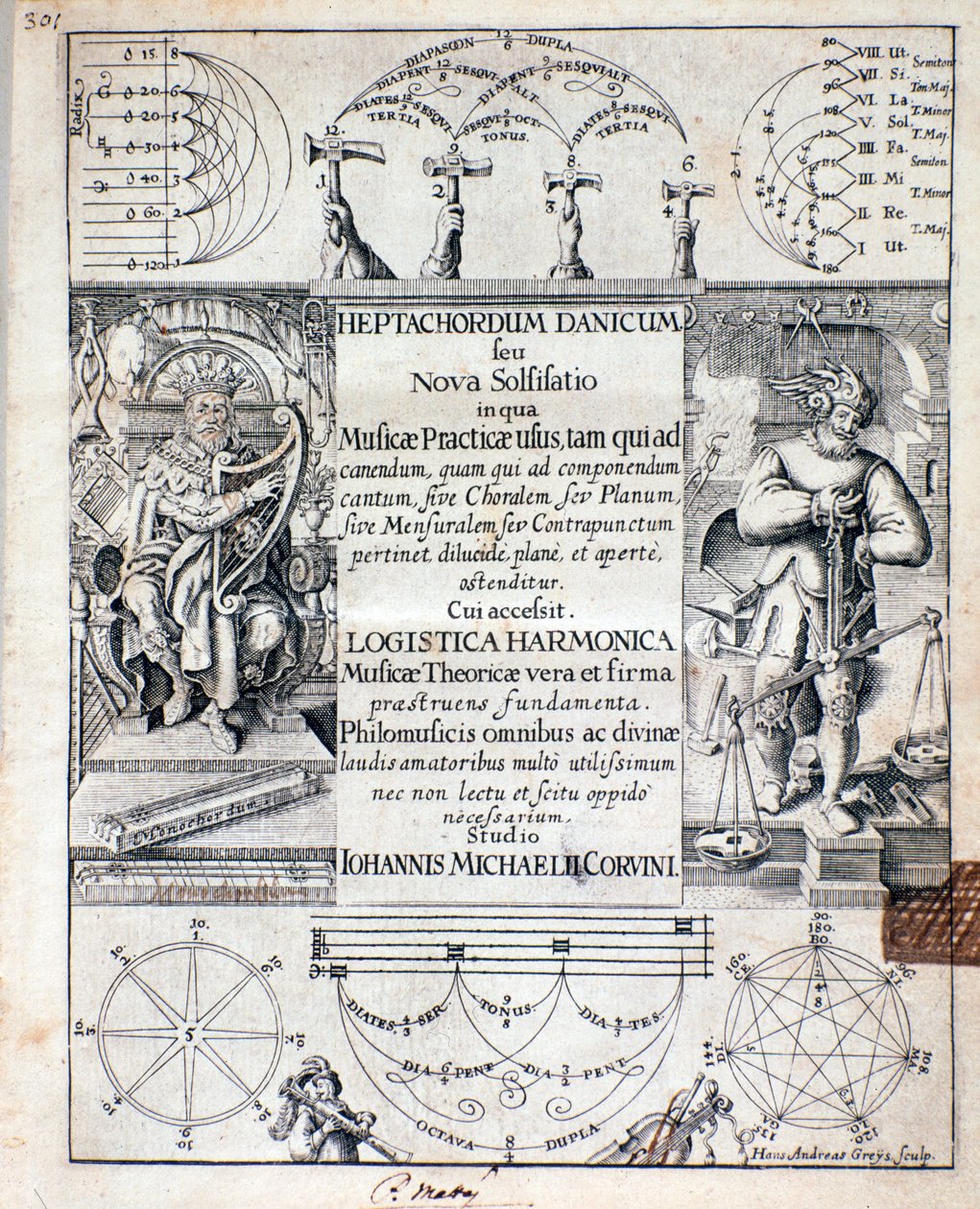 Frontispice af Heptachordum danicum af John Michael Corvinus af Unknown artist