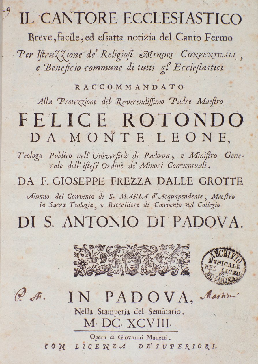 Frontispice af Il cantore ecclesiastico af Giuseppe Frezza dalle Grotte af Unknown artist