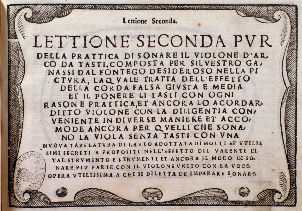 Frontispice af Second Lettione af Silvestro Ganassi fra Fontego af Unknown artist