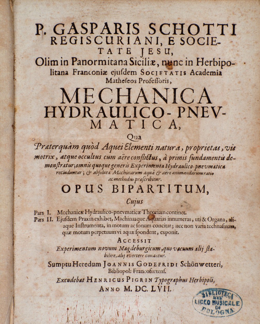 Frontispice af Mechanica Hydraulico Pneumatica af Gaspar Schott af Unknown artist