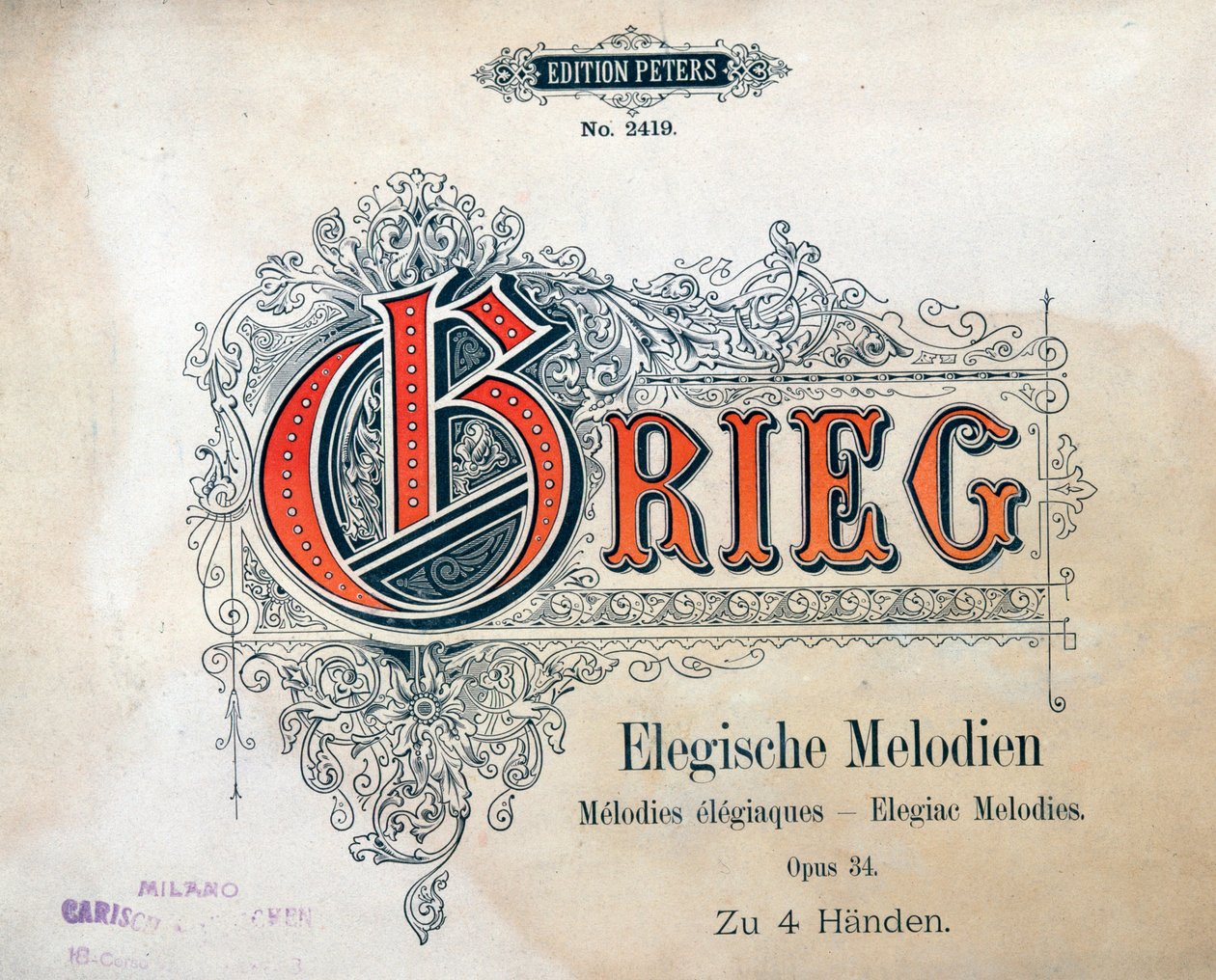 Frontispice af To elegiske melodier for fire hænder af Edward Hagerup Grieg af Unknown artist