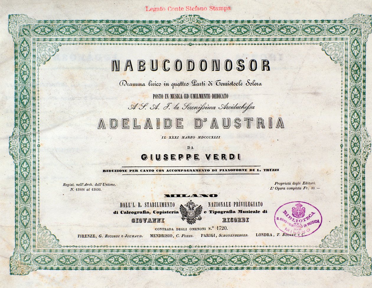 Frontispice af musikalsk partitur af Nabucco-operaen af Giuseppe Verdi af Unknown artist