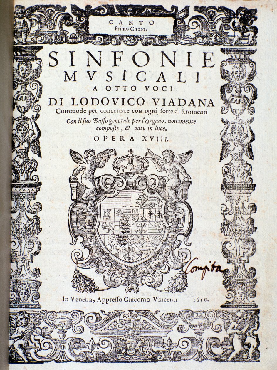 Frontispice af musikalsk partitur af Symphonies musical af Ludovico Viadana af Unknown artist