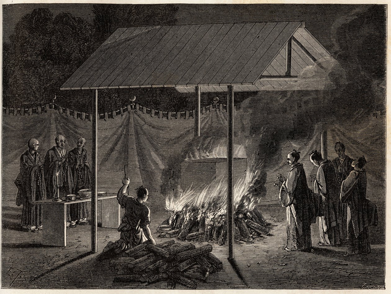 Begravelsesceremonier: rituel forbrænding. Gravering til illustration af rejsen til Japan i 1863-1864 af Aime Humbert, minister for Det Schweiziske Forbund, i "Le tour du monde, nouveau journal des voyages", udgivet under ledelse af Edouard Charton af Unknown artist