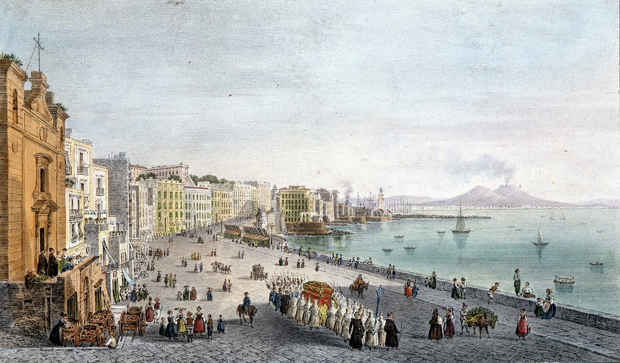Begravelse i Napoli-bugten med Vesuven i baggrunden. af Unknown artist