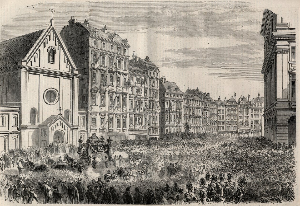 Begravelse af kejser Maximilian I af Mexico (1832-1867): Ankomst af begravelseskortegget foran Kapucinerkirken i Wien. Gravering i "" L