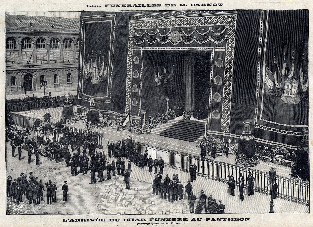 Begravelse af Sadi Carnot (1837-1894), tidligere fransk præsident, i Pantheon i Paris. Ankomst af begravelsestanken. Gravering i "" Le Parisien"" af Unknown artist