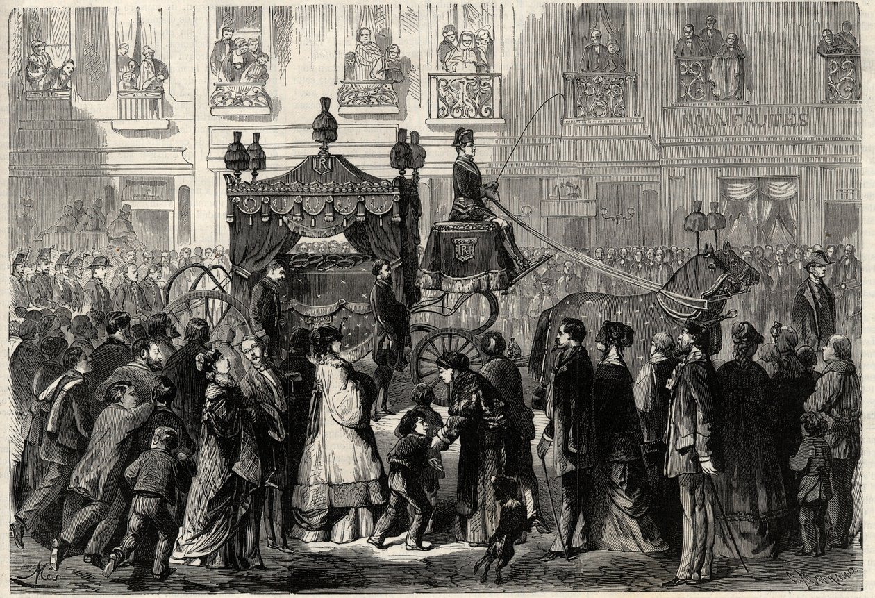 Funerary Cortege under obseques af Gioacchino (Gioachino) Rossini (1799-1868) i Paris. Indgravering i "The Universe illustrious" af Unknown artist
