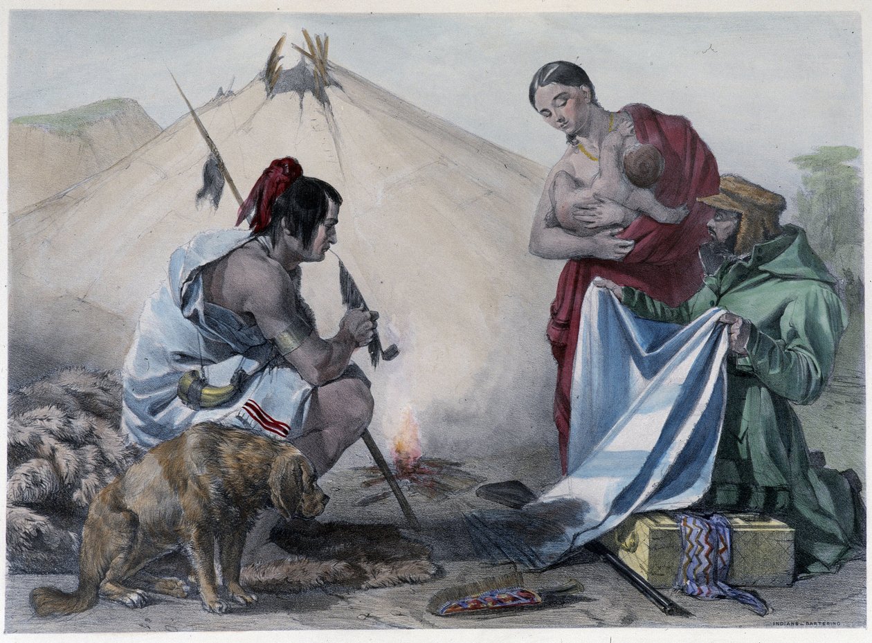 Pelsbytte for stof mellem canadiske Huron-indianere og hvid mand - i "" Shyth
